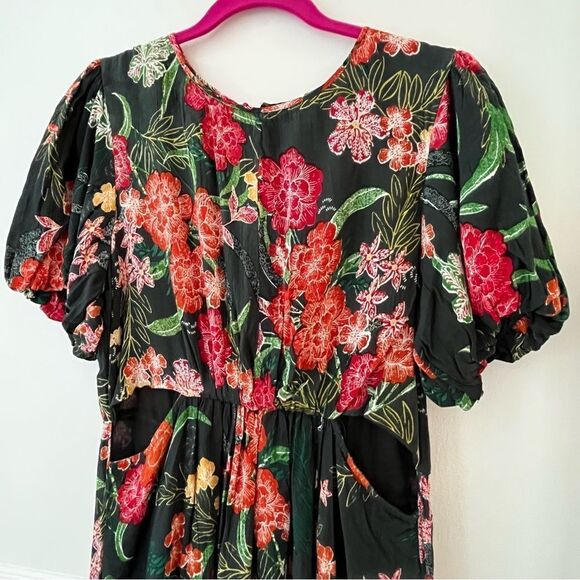 Walter Baker Wanita Rain Forest Green Floral Puff Sleeve Midi Dress Size XL NWT - Picture 4 of 12